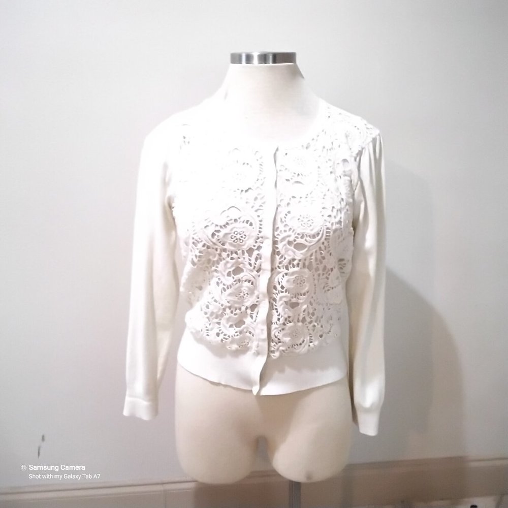 Cable & Gause Ivory Crochet Front 9 Button Cardigan Sweater NWT Machine Wash XL